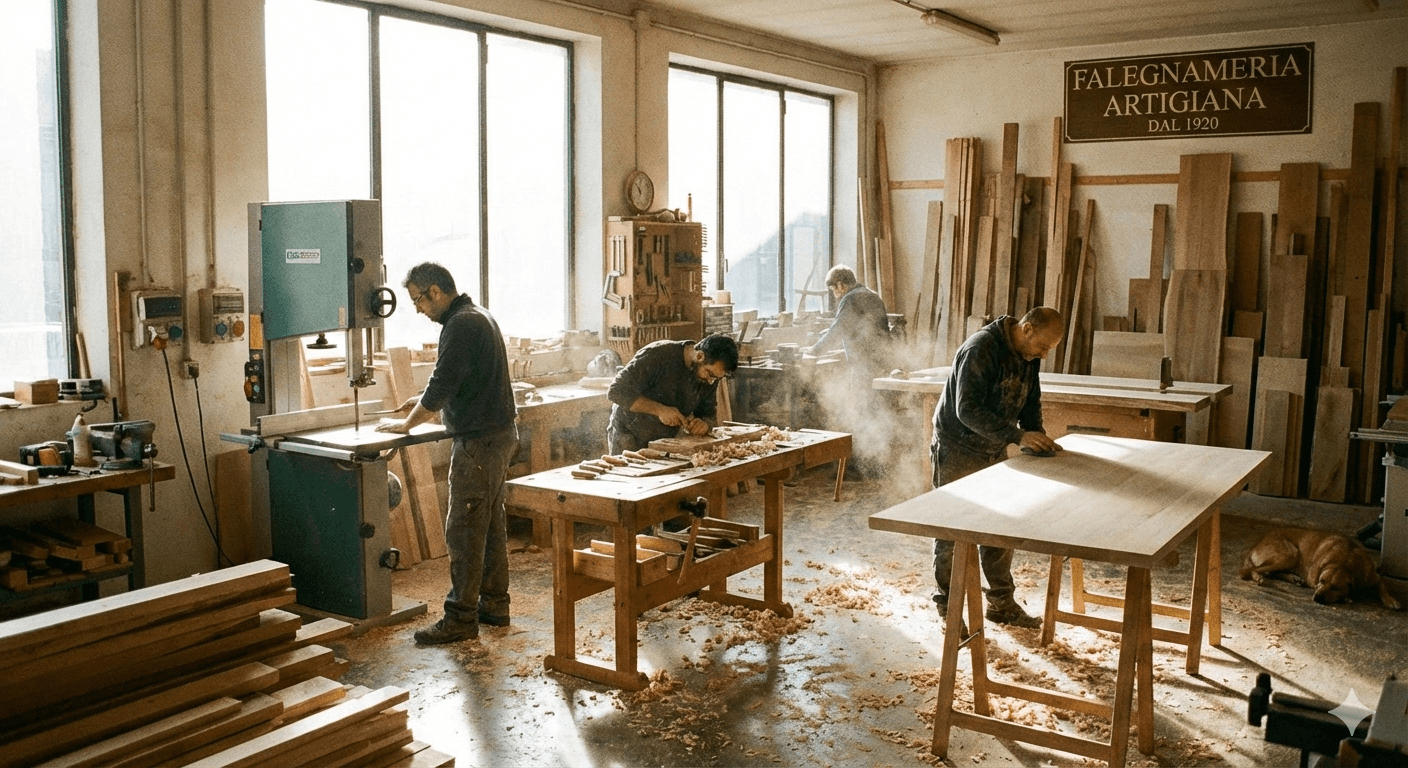 Artigiani al lavoro nel laboratorio di falegnameria